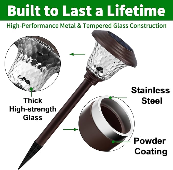 Beau Jardin 8 Pack Solar Pathway Lights Outdoor Metal Solar Powered Lights Waterproof Glass High Lumen for Garden Landscape Path Yard Walkway Patio Driveway Outside Colored Color Changing White Bronze