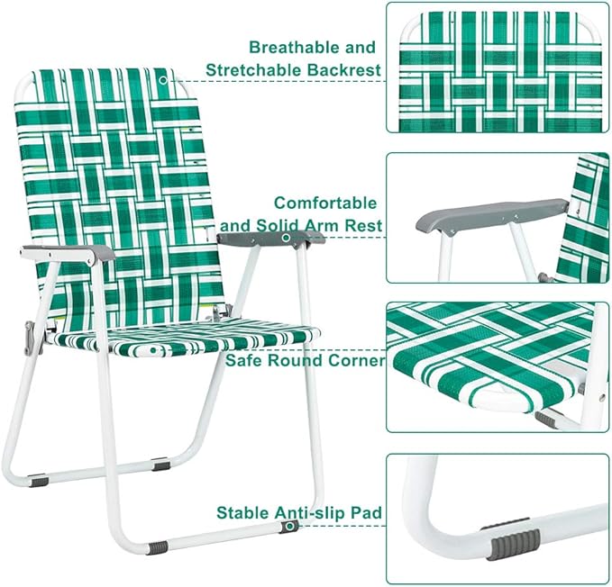 VINGLI Patio Lawn Webbed Folding Chairs1 Piece, Outdoor Beach Chair Portable Dining Chair for ir for Outdoor Yard, Garden(Green, Classic)