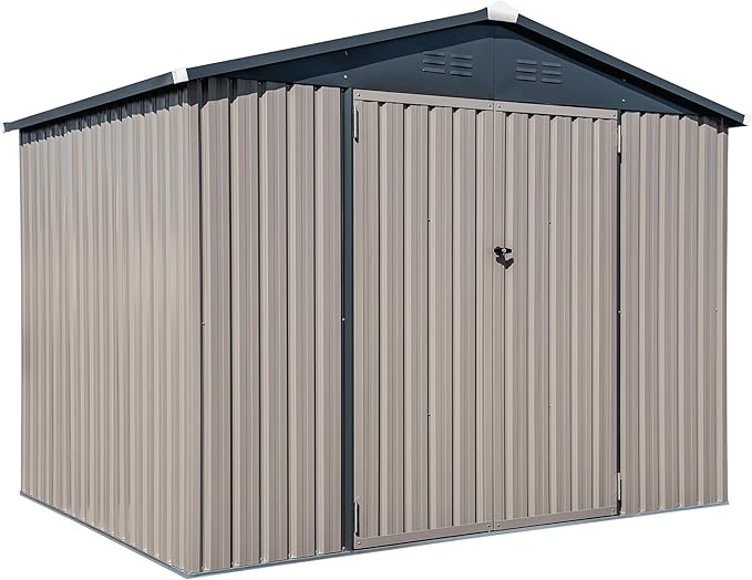 Metal Outdoor Galvanized Steel Storage Shed with Lockable Doors for Backyard or Patio Storage of Bikes, Grills, Supplies, Tools, Toys, for Lawn, Garden, and Camping, Tan (8x6)