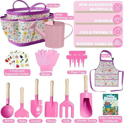 Kids Gardening Set 14Pcs Gardening Tools for Kids with Tote Bag,Watering Can, Shovel, Apron, Garden Book and More Educational STEM Learning Outdoor for Toddlers Boys Girls (Mermaid Rose Red)