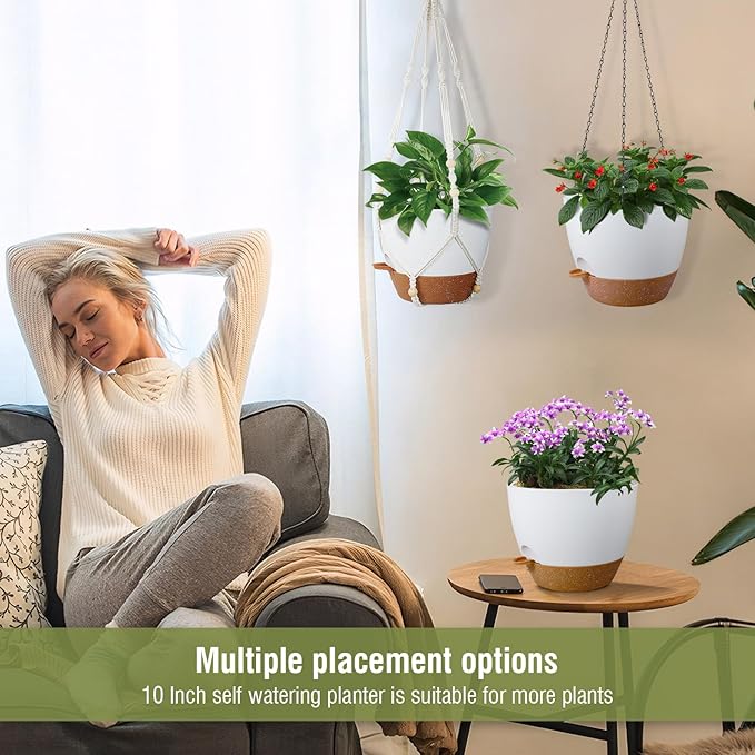 Self Watering Hanging Planters 10 inch, 2 Pack Hanging Baskets for Indoor Outdoor Plants, Hanging Flower Pots with Drainage Holes & 2 Kinds of Plant Hangers for Garden Home Décor, White Brown