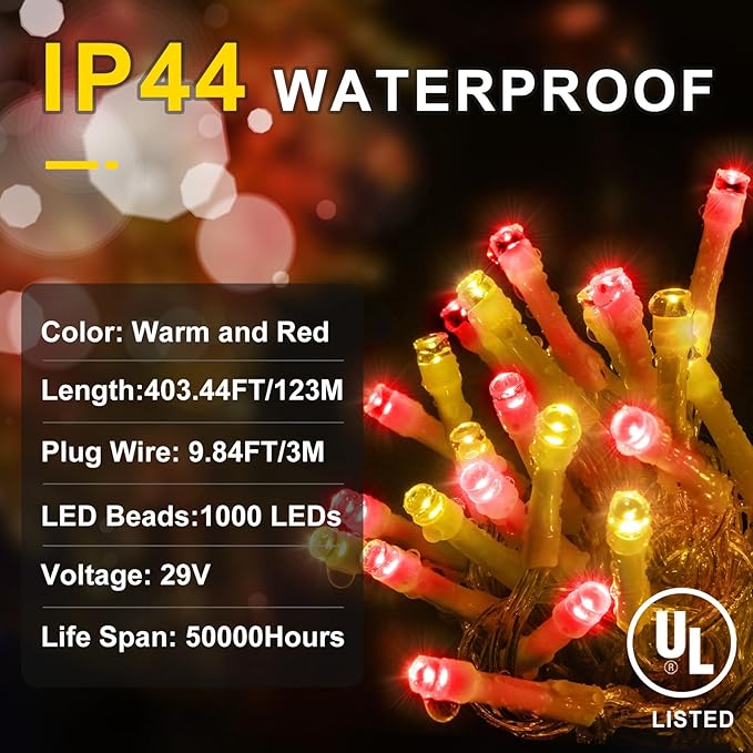 KNONEW 403ft 1000 LED String Lights Outdoor Christmas Lights 8 Modes & Timer Fairy Light Plug in Waterproof LED String Lights for Xmas Yard Tree Wedding Decorations (Red and Warm White)