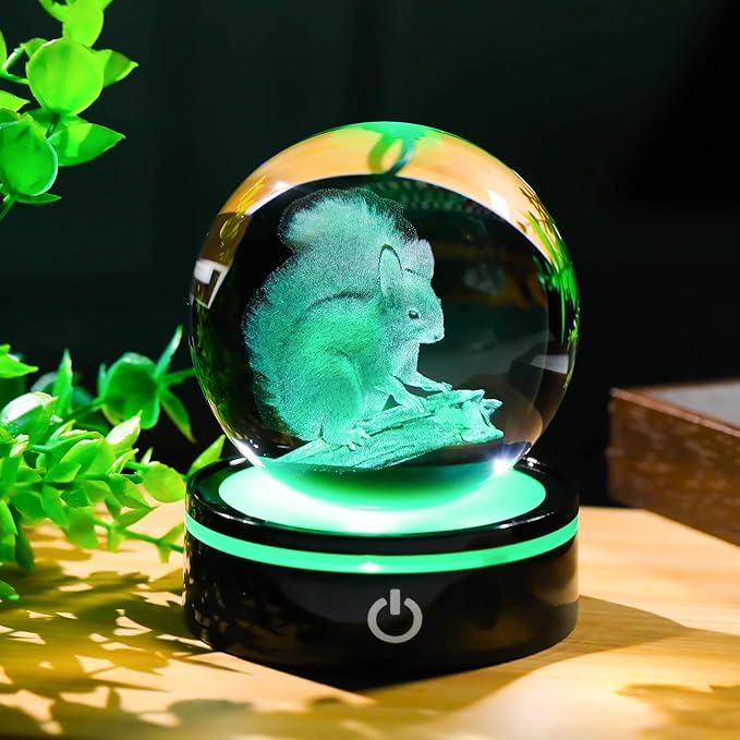 YWHL 3D Squirrel Figurine Crystal Ball with Colorful Light Base, Squirrel Gifts for Women Men on Christmas Birthday, 3D Laser Engraved Squirrel Ornament Glass Decorative Ball for Home Decor (80mm)