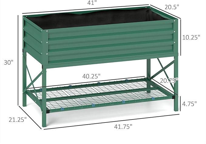 Outsunny Raised Garden Bed with Galvanized Steel Frame, Storage Shelf and Bed Liner, Elevated Planter Box with Legs for Vegetables, Flowers, Herbs, Green