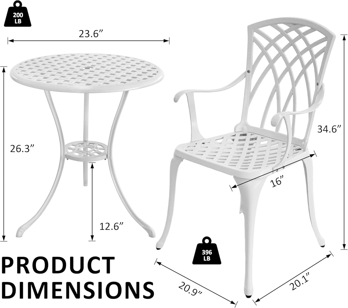 White Bistro Table and Chairs Set of 2, Cast Aluminum White Bistro Set Outdoor, Patio Bistro Sets with Umbrella Hole, Round Back Yard Set for Porch Balcony Garden