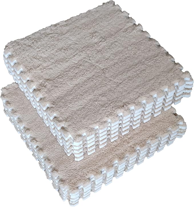 16pcs 0.6" Thickened Interlocking Tile Mats,Fluffy Shaggy Soft EVA Foam Area Rug for Living Room & Bedroom,Non-Slip Protective Floor Carpet Play Mat Kids Baby Dorm Home Decor (11.8ft, Khaki)