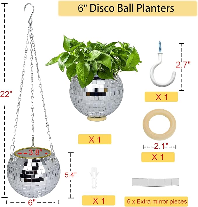 Disco Ball Planter, 6" Disco Planter with Hanging Chain & Hook & Ring Stand, Disco Ball Plant Hangers for Indoor and Outdoor Plants, Hanging Plant Holder(Silver, 1 Pack 6")