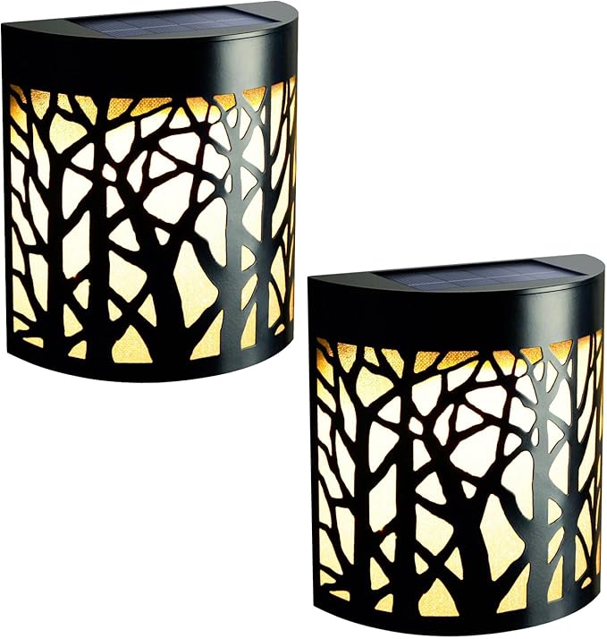DenicMic Solar Wall Lights Outdoor Wall Sconce Fence Lighting for Patio Front Door Yard Deck Stair Led Forest Decorative Lamps, Waterproof, Warm White/Color Changing (2 Pack)