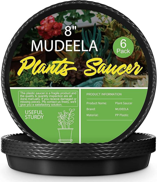 MUDEELA 6 Pack of 8 inch Plant Saucer, Durable Plastic Plant Trays for Indoors, Black Plastic Flower Plant Pot Saucer, Made of Thicker, Stronger Plastic, with Taller Design