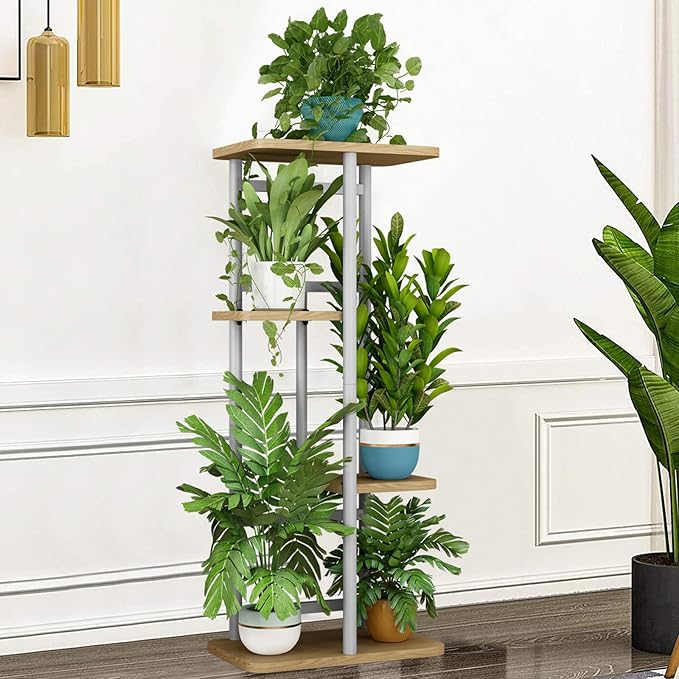 LINZINAR Plant Stand 4 Tier 5 Potted Indoor Plant Shelf Multiple Stands for Garden Corner Balcony Living Room (4 Tier 5 Potted, White)