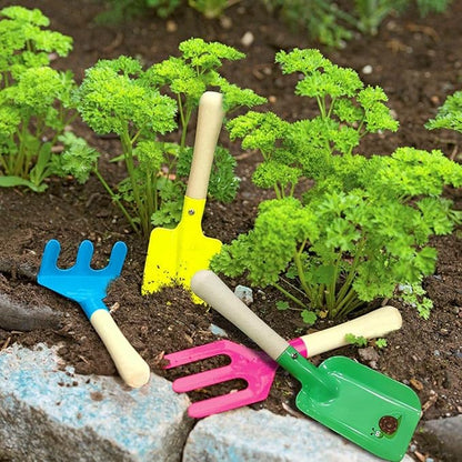 Kids Gardening Set Wooden Handle, 6 Pieces (Yellow+Green), Kids Beach Shovel Set, Sandbox Play Toy, Sand Shovel and Garden Hand Tool