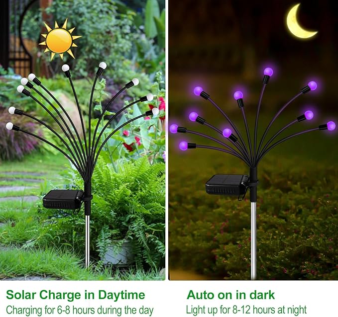Kohlrabi Solar Garden Lights Outdoor, 6 Pack 60 LED Solar Purple Firefly Lights Waterproof, Sway by Wind, Solar Swaying Light for Yard Patio Backyard Garden Planter Flower Bed Pathway Decoration
