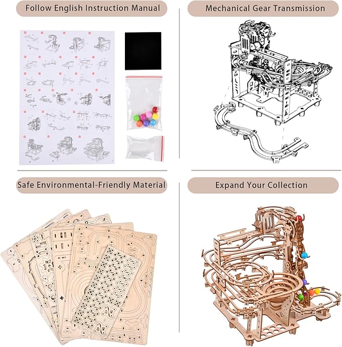 3D Wooden Puzzles Marble Run Chain Kit, Wood Creative Mechanical Puzzles Assembly Model Building Kits to Build for Adults & Kids, DIY Wooden Puzzle Hobbies Toys for Adults &Teens Gifts
