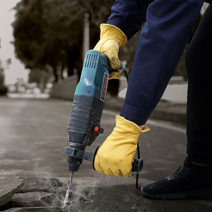 OZERO Leather Work Gloves for Men: 3 Pairs Driver Gloves Abrasion Resistant Cowhide with Reinforced Palm for Heavy Duty Gardening Yard Work DIY Gold X-Large