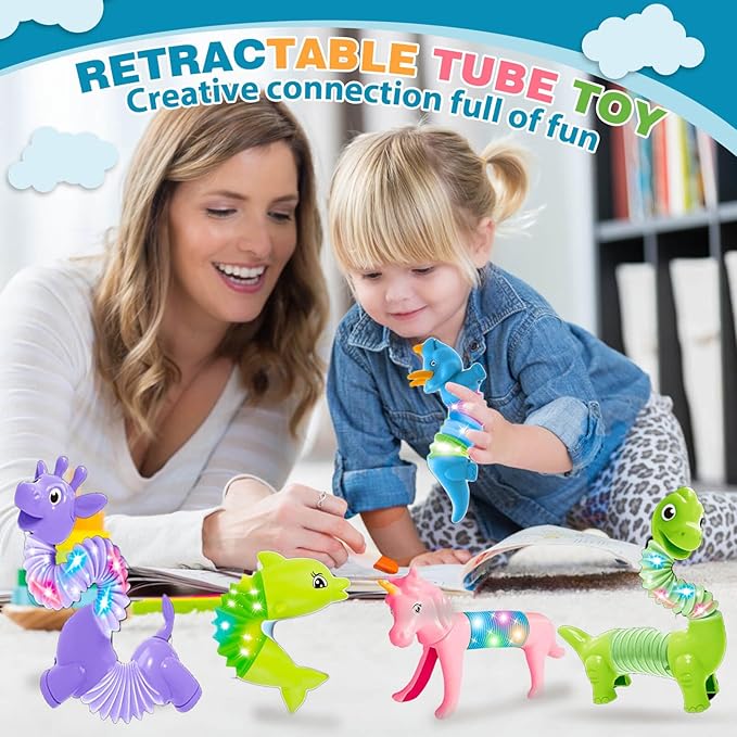 10 Pack Animals Halloween Fidget Toys for Toddlers, LED Animal Pop Tubes for Kids 3 4 5 6 7 8 Year Old Girls Boys Birthday Gifts Autism Sensory Toy for Kid Age 3-8 Tube Light Up Party Favors