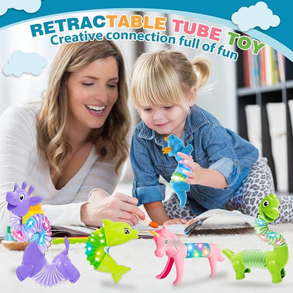 10 Pack Animals Halloween Fidget Toys for Toddlers, LED Animal Pop Tubes for Kids 3 4 5 6 7 8 Year Old Girls Boys Birthday Gifts Autism Sensory Toy for Kid Age 3-8 Tube Light Up Party Favors