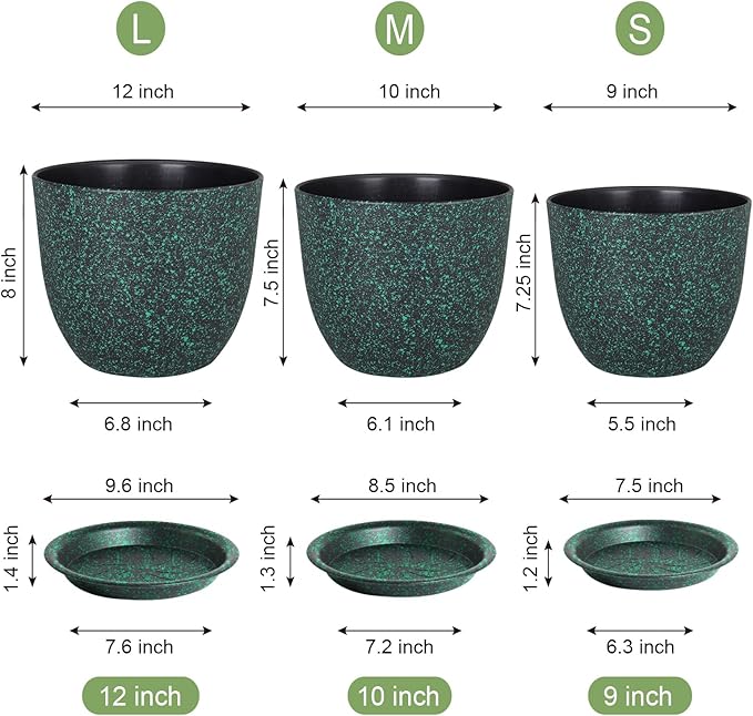 Large Flower Pots 12/10/9 inch, Set of 3 Decorative Plastic Planters with Drainage Holes and Saucers for Garden House Plants, Plant Pots for Indoor Outdoor Plants, Black with Green Speckles