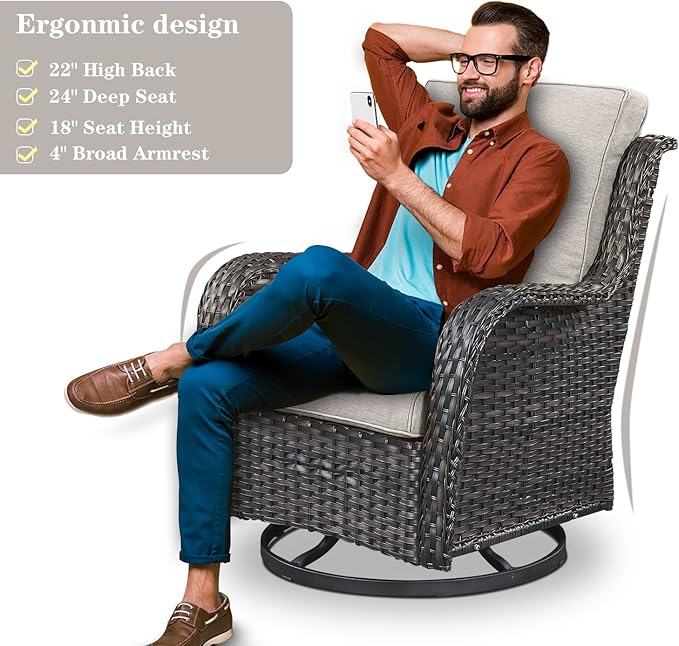 Outdoor Patio Furniture Set with 50000BTU Propane Fire Pit Table, 4 Pieces Wicker Patio Conversation Set with 2 Swivel Rocker Glider Chairs Rattan Sofa Beige Cushion Perfect for Gathering