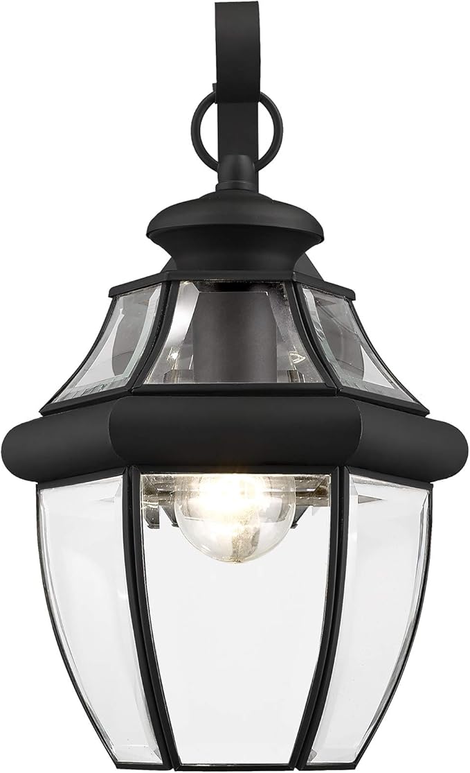 Livex Lighting 2151-04 Monterey 1 Light Outdoor Black Finish Solid Brass Wall Lantern with Clear Beveled Glass, 13" x 8.5" x 8.25"