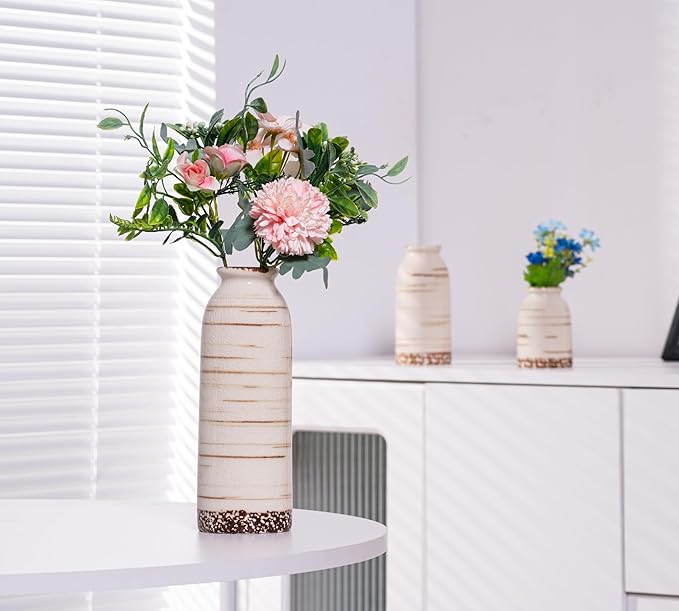 Beige Ceramic Vase Set of 3, Farmhouse Decorative Vase for Pampas Grass, Living Room, Bathroom, Bookshelf, Centerpieces Beige