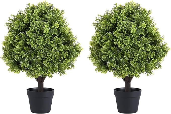 THE BLOOM TIMES 2ft Faux Boxwood Plants Outdoor Set of 2, Topiary Balls Artificial Outside Trees, 24" UV Resistant Fake Greenery Bushes & Shrubs for Front Porch Planter