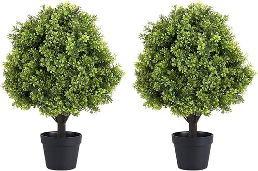 THE BLOOM TIMES 2ft Faux Boxwood Plants Outdoor Set of 2, Topiary Balls Artificial Outside Trees, 24" UV Resistant Fake Greenery Bushes & Shrubs for Front Porch Planter