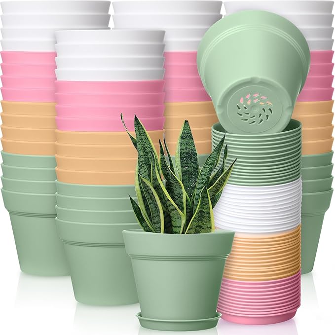 Mumufy 54 Pack 4 Inch Plant Pots Bulk Small Planter with Drainage Hole and Saucer Small Plastic Pots for Flowers Succulent Cactus and All House Indoor(Colorful)