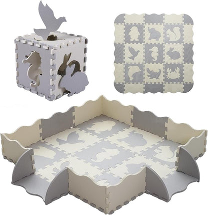 Foam Play Mat for Kids，25Pcs Square Interlocking Puzzle Floor Mat，Baby Play Mat Floor Mat Foam Puzzle Playmat for Toddlers with Fence（Animal-CSH039