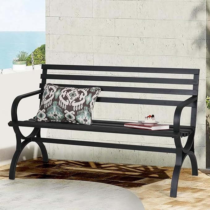 PHI VILLA Outdoor Garden Bench, 48” Long Metal Steel Bench with Backrest and Armrests, Modern Slatted Design for Patio, Lawn, Yard, Porch - Black