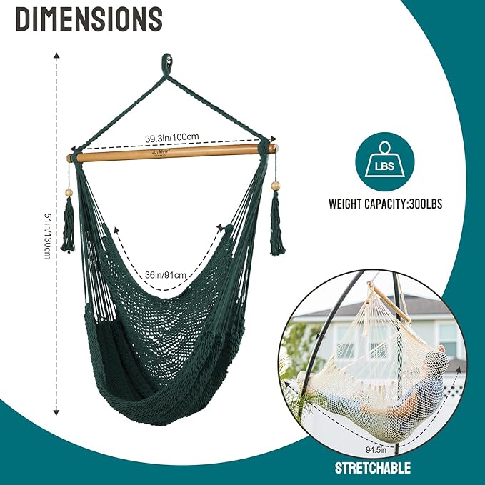 JoyView Hammock Chair with Spreader Bar Caribbean Hammock Swing Chair 300 LBS Weight Capacity XL Rope Hanging Chair for Outdoor Indoor Garden Yard - Green