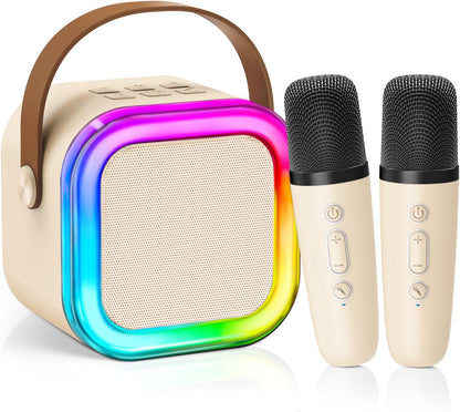 【2025 Newest】 Mini Karaoke Machine for Kids Girls & Boys - Portable Bluetooth Speaker with 2 Wireless Microphones - Kids Birthday Gifts for Ages 4-10 - Kids' Instrument Accessories - Beige