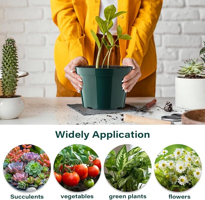 8 Inch Plastic Plant Pots, 15 Pack Sturdy Nursery Pots with Drainage Holes, Flower Planter Pots for Indoor Outdoor, Garden Containers Sets for Vegetable Herbs Flowers, Green