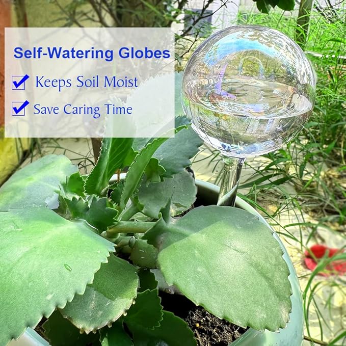 MOONSOUND Plant Watering Globes, 2pcs Plant Automatic Water Bulbs Flower Self Feeder Balls Irrigation Device Auto Waterer Planter Insert Stakes for Indoor Outdoor Garden Potted While Away on Vacation