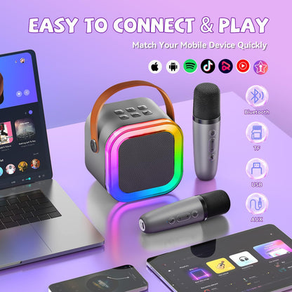 【2025 Newest】 Mini Karaoke Machine for Kids Girls & Boys - Portable Bluetooth Speaker with 2 Wireless Microphones - Kids Birthday Gifts for Ages 4-10 - Kids' Instrument Accessories - Space Gray