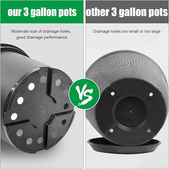3 Gallon Nursery Pots, 10 Inch Thickened Plant Pots with Drainage Holes, Plastic Round Planter for Outdoor Indoor Plants (12-Pack, Black)