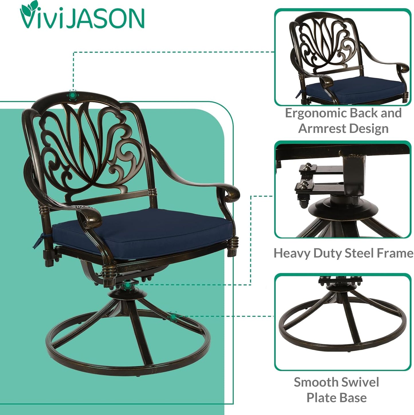 VIVIJASON 3-Piece Patio Furniture Dining Set, Outdoor All-Weather Cast Aluminum Bistro Set, Include 2 Swivel Chairs and 31" Round Table w/Umbrella Hole for Balcony, Lawn, Garden (Navy Blue Cushion)