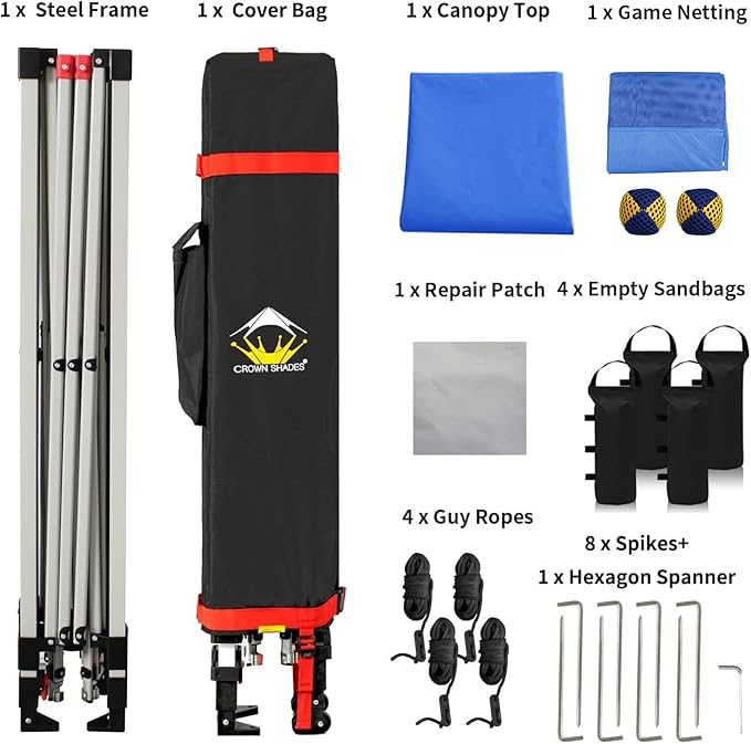 CROWN SHADES 10x10 Pop Up Canopy Tent with Game Netting - Beach Tent with One Push Setup - Outdoor Sun Shade for Events, Parties, Camping with STO-N-Go Cover Bag, Silver Coated Top, Blue