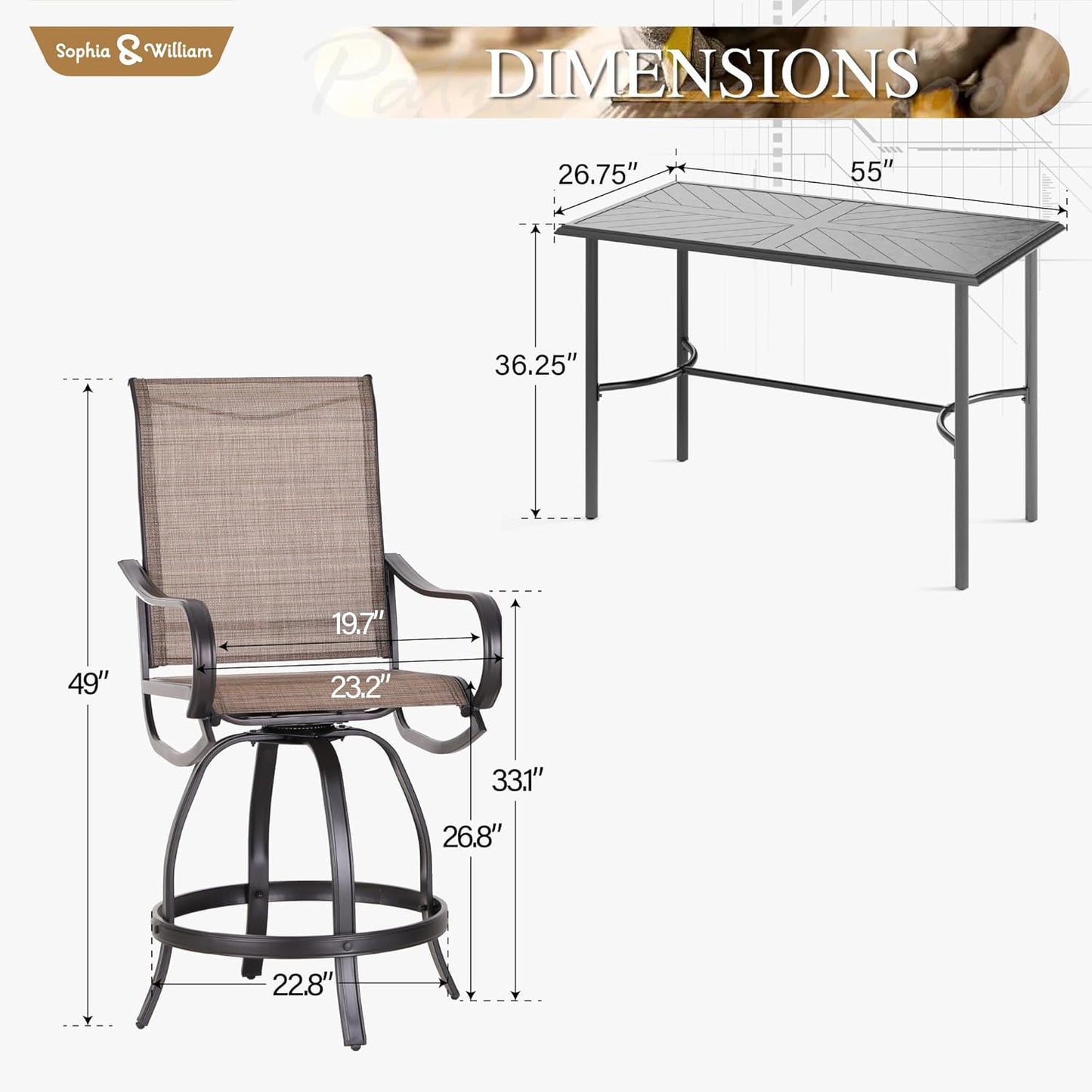 Sophia & William Outdoor Bar Set, Patio Bar Table and Chairs Set, All Weather Textile Fabric, Counter Height Patio Set - 4 x Swivel Bar Chairs, 1 x Rectangular Bar Table