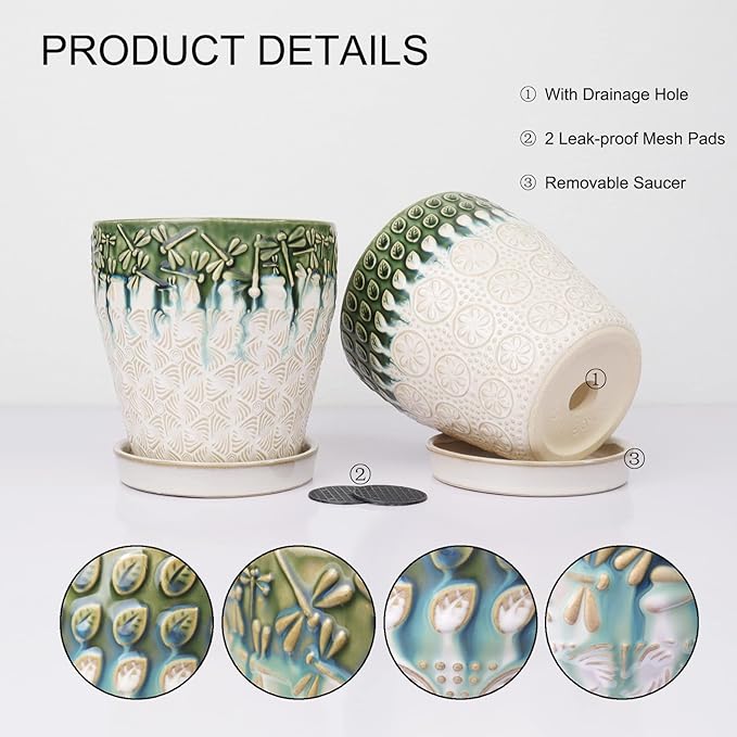 6 Inch Ceramic Planter Pots with Drainage Holes, Saucers and Mesh Pads for Indoor-Outdoor Plants, Succulent Orchid Flower Large Round Plant Pot, Set of 2 (Green+White)