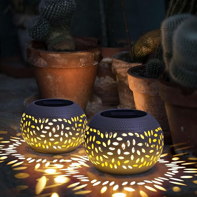 Solar Lantern Outdoor Table Light,2 Pack Solar Lanterns Outdoor Waterproof Decor, Hollow Out Retro White Metal Solar Patio Lights,Yard Porch Garden Balcony Indoor Desk Bedroom Tabletop Decorations