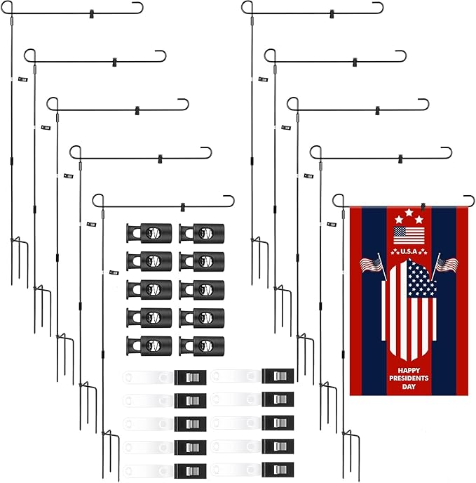 Chumia 10 Pack Garden Flag Holder Stand, Premium Garden Flag Pole Holder Powder Coated, Metal Three Prongs with Clip and Spring Stoppers for Outdoor Home Lawn Decoration, 15 Inch