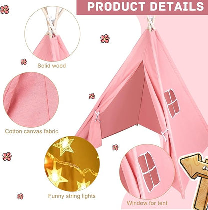6 Packs Pink Teepee Tent for Kids with 10FT String Lights, Indoor Outdoor Play Teepee Tent for Girls & Boys, Foldable Tents for Birthday Party Boho Sleepovers Party Pajama Party