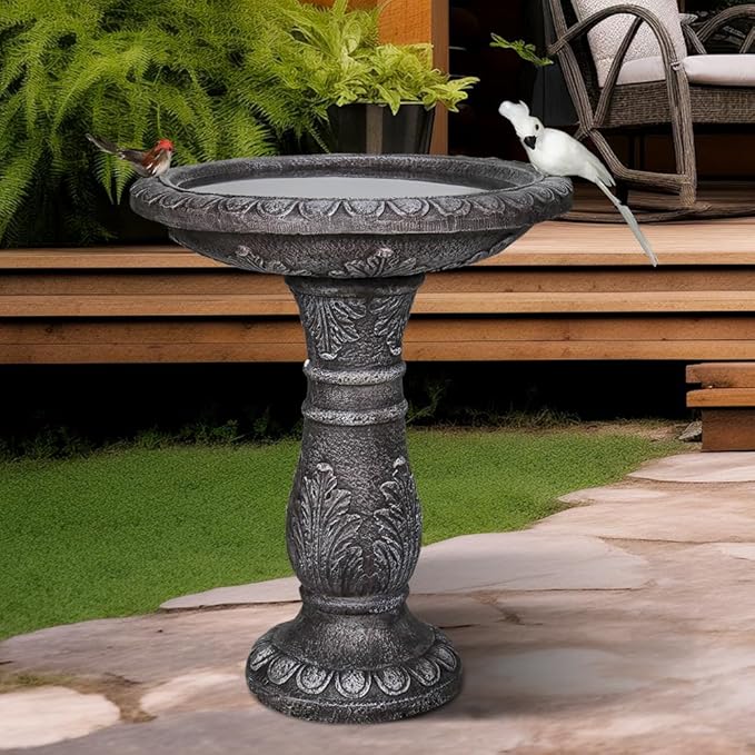 SKYFIRE 24.4" H Cement Bird Bath for Garden- Fibre Reinforced Concrete Bird Baths for Outdoors, Large Size Vintage Carved Pedestal Birdbath for Patio, Yard, Lawn -20”Dia. X 24.4”H Bird Fountain