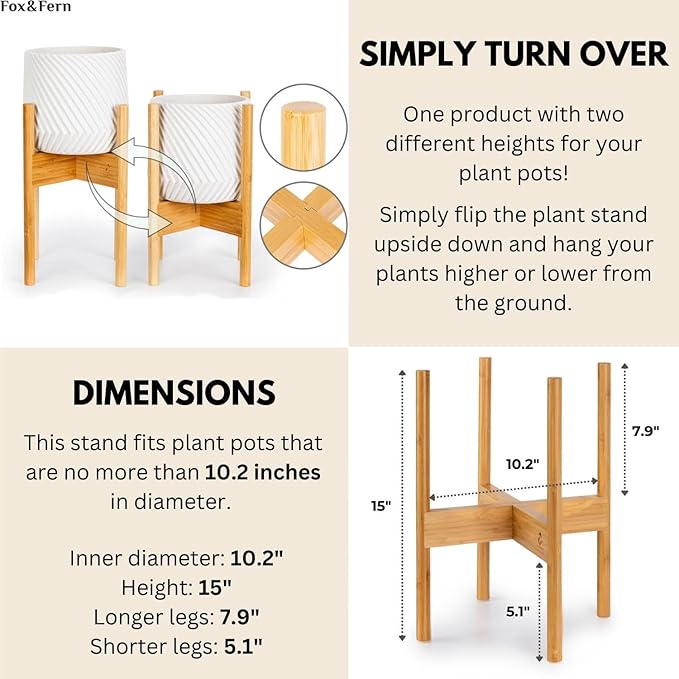 Fox & Fern Bamboo Plant Stand — 10 Inch Fixed Size Mid Century Plant Stand for Indoor Planters; Raised Flower Pot Holder for Indoors; Plug In Design; Two Height Options; Easy to Assemble - Bamboo