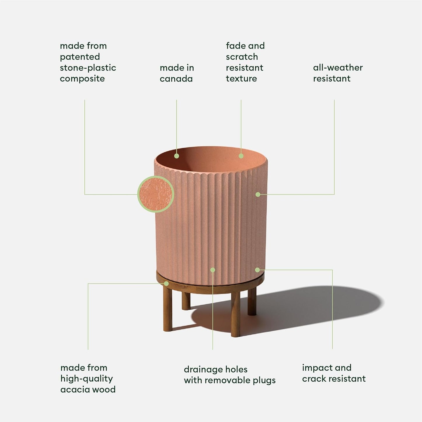 Veradek Demi Series Round Planter w/Stand for Porch/Patio | Durable Plastic-Stone Composite & Wooden Stand | Modern Décor for Tall Plants, Flowers