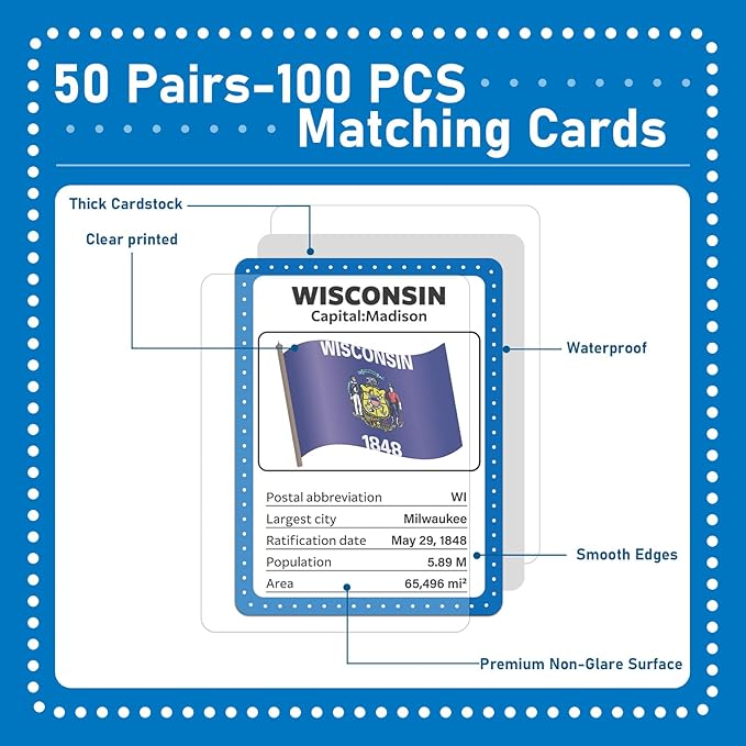 gisgfim 50 Pairs Memory Matching Game Flags of U.S. States Concentration Memory Card Educational Cards Games Geography Learn States Capitals Game Gift for Kid Adults Learning Activities Matching Games