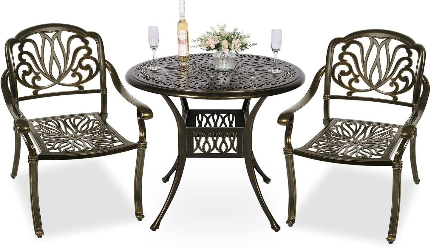 MEETWARM 3 Piece Patio Bistro Set, Outdoor All-Weather Cast Aluminum Dining Furniture Set Includes 2 Chairs and a 35.4” Round Table with Umbrella Hole for Garden Deck