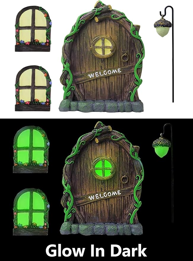 Resin Miniature Fairy Gnome Home Windows and Welcome Door with Fairy Lantern,Glow in Dark Art Sculpture for Trees Outdoor Indoor Garden Yard Wall Decorations