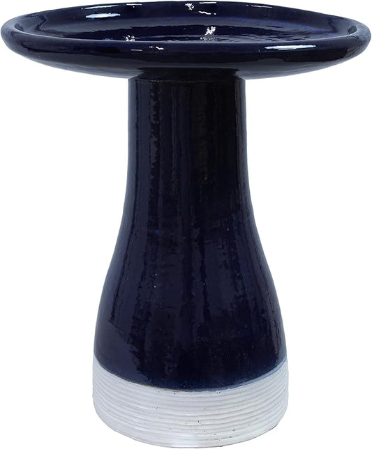 Sunnydaze 21" H Ceramic Bird Bath for Outside - Hand-Painted Outdoor Bird Bath Bowl, UV/Frost-Resistant Finish - Midnight Blue - Ribbed Pedestal
