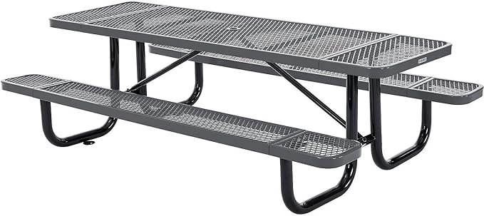 Global Industrial 8’L Rectangular Picnic Table, Expanded Metal, Gray Thermoplastic Coating, Attached Benches, 1-1/2” Umbrella Pole Hole, Outdoor-Rated, 1000 lb Capacity, 96” x 30” Tabletop
